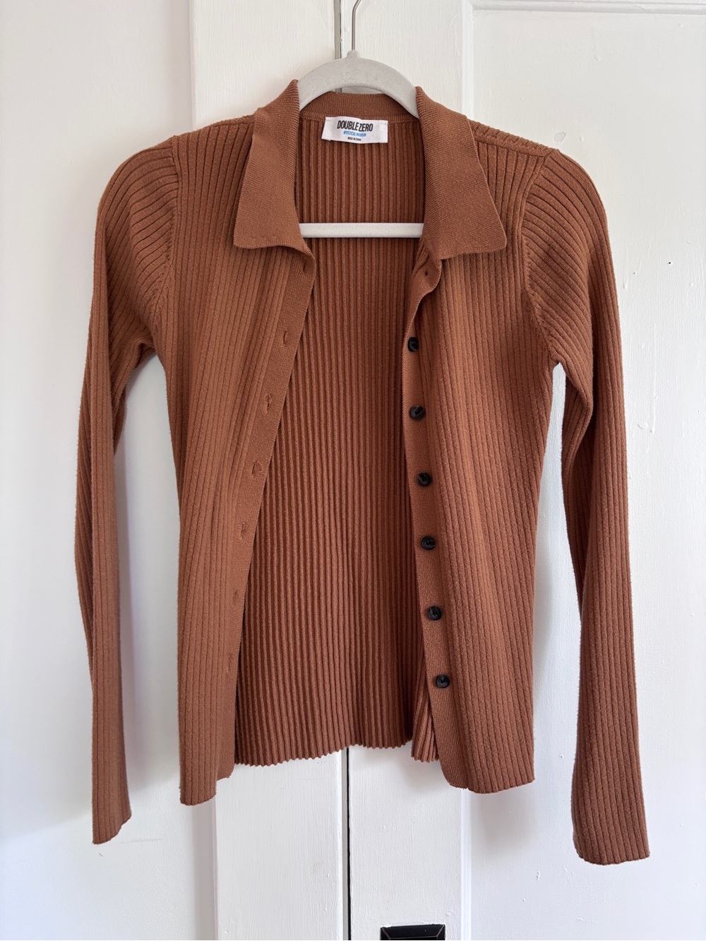 Double Zero Collared Ribbed Button-Up Cardigan in Warm Brown